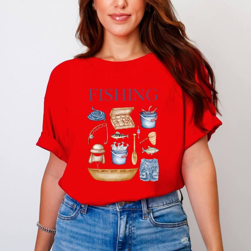 Simply Sage Market レディース トップス ティーシャツ グラフィック Simply Sage Market Fishing Watercolor Collage - Women\u0027s Garment Dyed Graphic T-Shirt Red 赤いこと Tシャツ・カットソー-レディースファッション-トップス