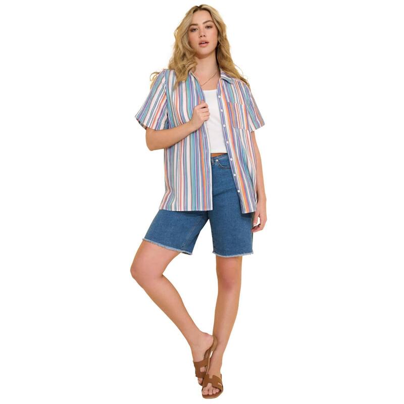ロアマンズ レディース トップス シャツ プラスサイズ リネン Roaman Women Plusize Linen-Blend Short Sleeve Button-Front Shirt Multi Seersucker マルチカラー