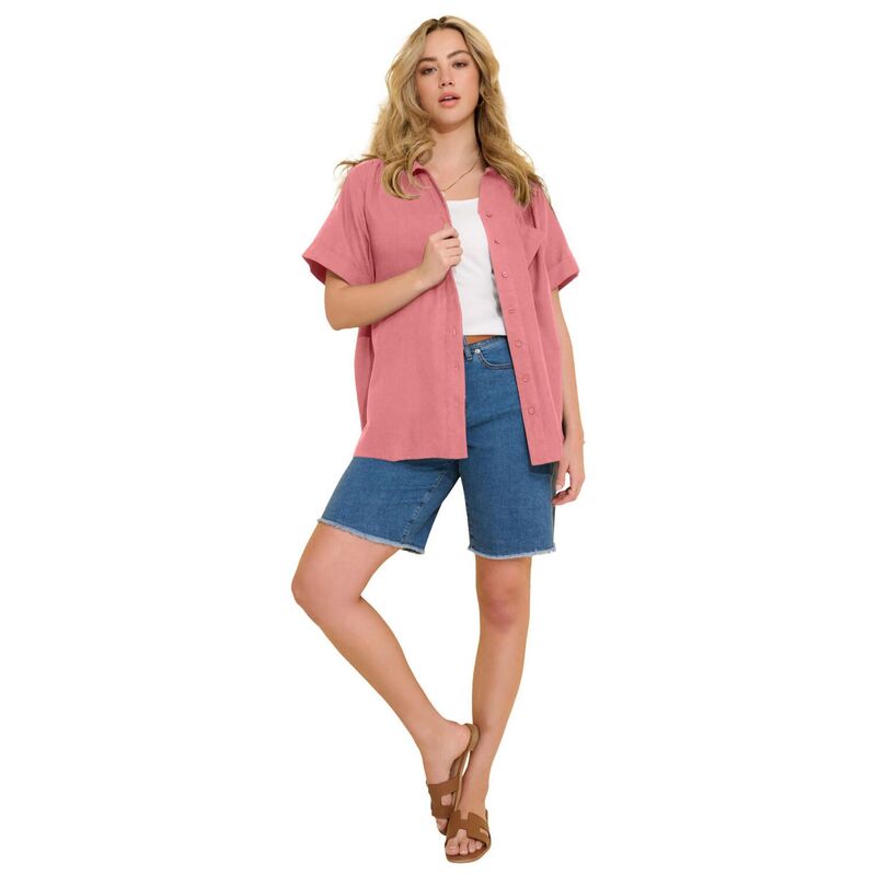 ロアマンズ レディース トップス シャツ プラスサイズ リネン Roaman Women Plusize Linen-Blend Short Sleeve Button-Front Shirt Peach Blossom ピーチ
