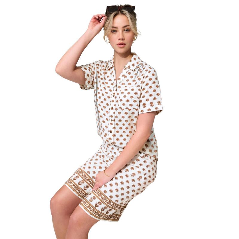 ロアマンズ レディース トップス シャツ プラスサイズ リネン Roaman's Women's Plusize Linen-Blend Short Sleeve Button-Front Shirt White Cone Flower ホワイト｜ReVida 店