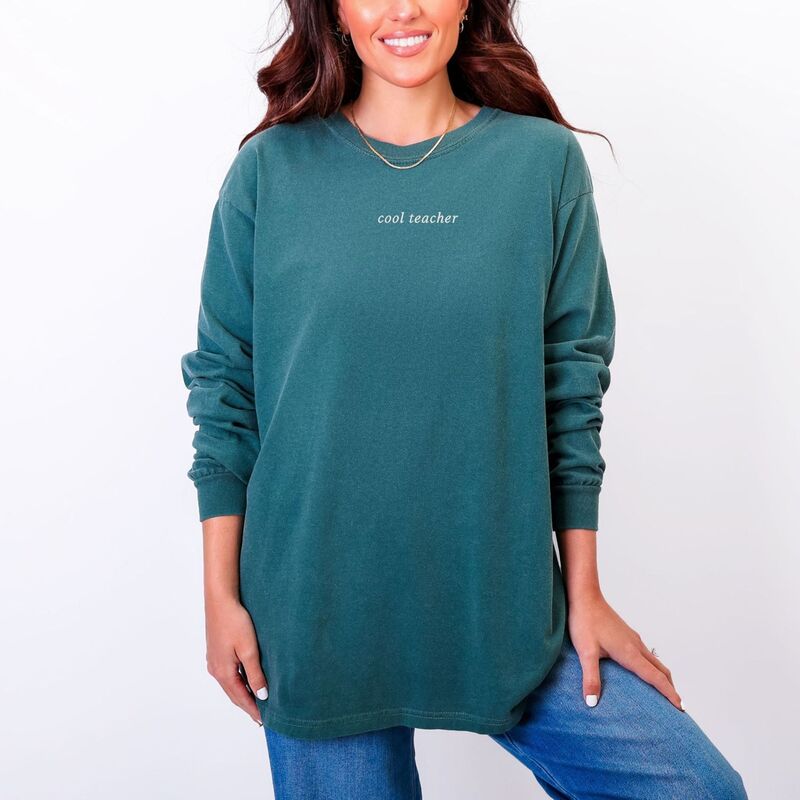 Simply Sage Market レディース トップス プルオーバー 刺しゅう グラフィック Simply Sage Market Embroidered Cool Teacher - Women\u0027s Garment Dyed Long Sleeve Graphic T-Shirt Blue Spruce 青色