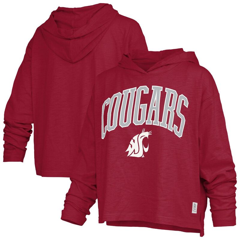 押し付けるボックス席 レディース トップス ティーシャツ ロゴタイプ Women\u0027s Pressbox Crimson Washington State Cougars Nelson Arch Over Logo Long Sleeve Hooded T-Shirt Wsc Red 赤いこと レディースファッション-Tシャツ・カットソー-トップス