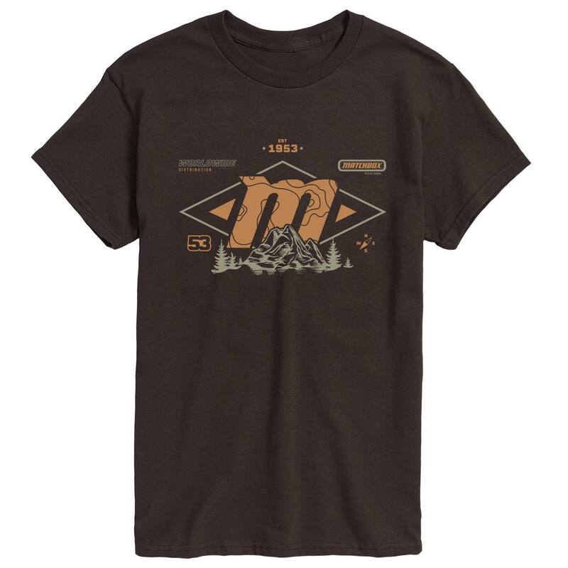 アニメキャラクター レディース トップス Tシャツ ジャージー グラフィック Licensed Character Men Matchbox Est. 1953 Mountain Jersey Short Sleeve Graphic Tee Dark Brown ブラウン