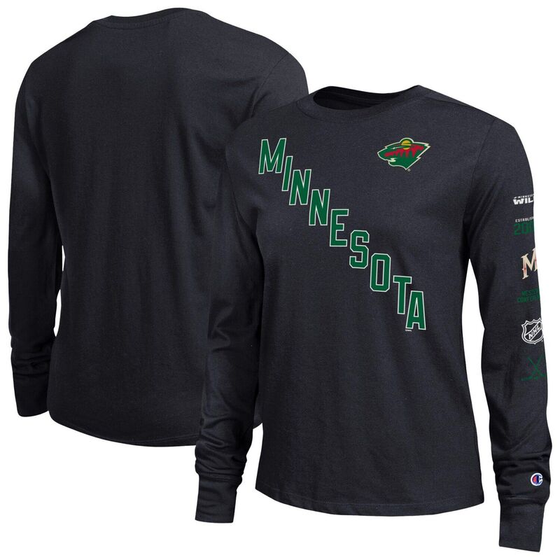 はやりっ児 レディース トップス ティーシャツ Women\u0027s Champion Black Minnesota Wild 2-Hit Long Sleeve T-Shirt Wld Black 黒いこと Tシャツ・カットソー-トップス