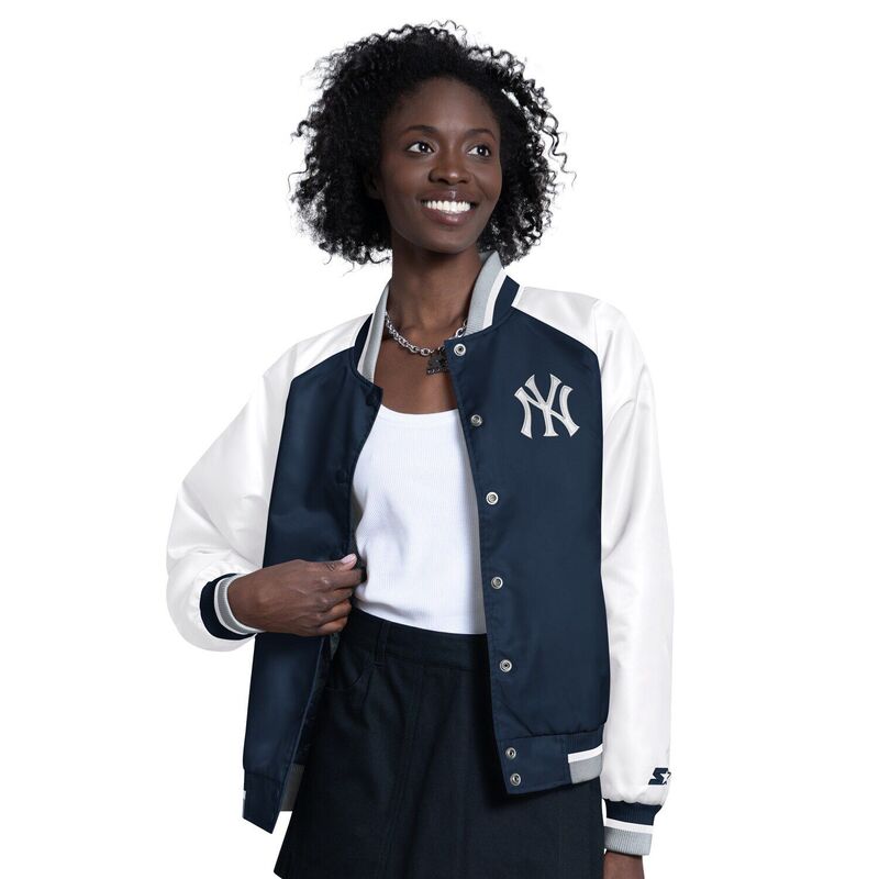 クランク レディース アウター 上衣・上衣 繻子 Women\u0027starter White/Navy New York Yankees Blitz Varsity Raglan Full-Snap Satin Jacket Ynk Navy 米国海軍 レディースファッション-コート・ジャケット