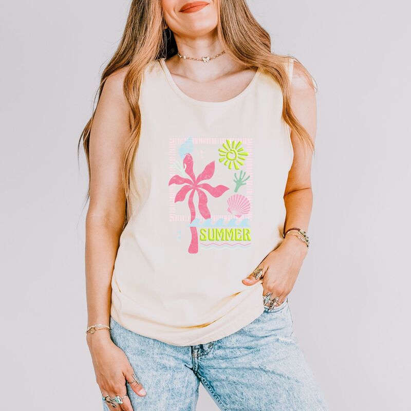 Simply Sage Market レディース トップス ティーシャツ 刷り上げる グラフィック Simply Sage Market Summer Icons Colorful Puff Print - Women\u0027s Garment Dyed Graphic Tank Top Ivory 象牙色 レディースファッション-Tシャツ・カットソー