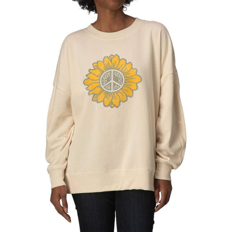 アニメ文字記号 レディース トップス ティーシャツ 流汗 フリース Licensed Character Women\u0027s Peace Sign Sunflower Oversized Fleece Crew Sweatshirt Cream 皮膚軟化剤 Tシャツ・カットソー-レディースファッション