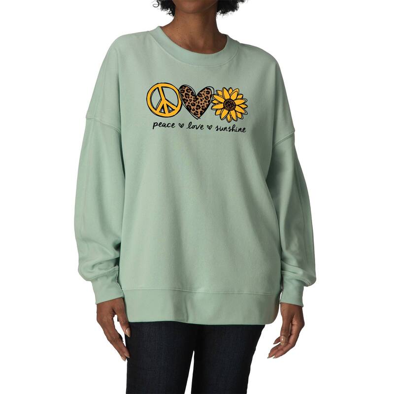 アニメ文字記号 レディース トップス ティーシャツ 流汗 フリース Licensed Character Women\u0027s Peace Love Sunshine Oversized Fleece Crew Sweatshirt Seafoam レディースファッション-Tシャツ・カットソー