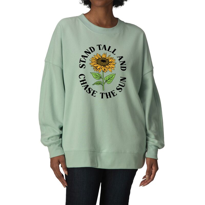 アニメ文字記号 レディース トップス ティーシャツ スウェットール フリース Licensed Character Women\u0027sunflower Stand Tall \u0026 Chase The Sun Oversized Fleece Crew Sweatshirt Seafoam トップス-Tシャツ・カットソー