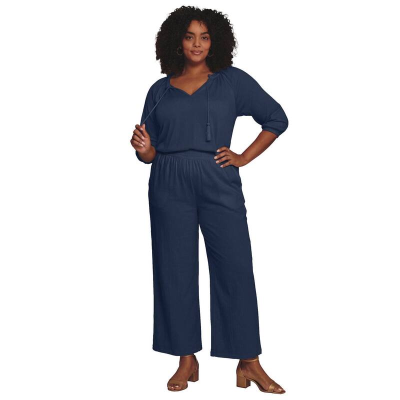 アベニュー レディース ボトムス カジュアルパンツ プラスサイズ シャーリング ニット Avenue Women's Plusize Knit Gauze Smocked Wide-Leg Pants Navy ネイビー｜ReVida 店