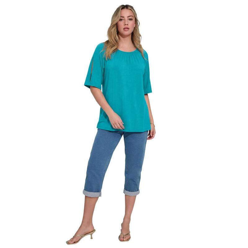 ロアマンズ レディース トップス シャツ プラスサイズ Roaman Women Plusize Shirred Scoop Neck Split Bell Sleeve Tee Vibranturq