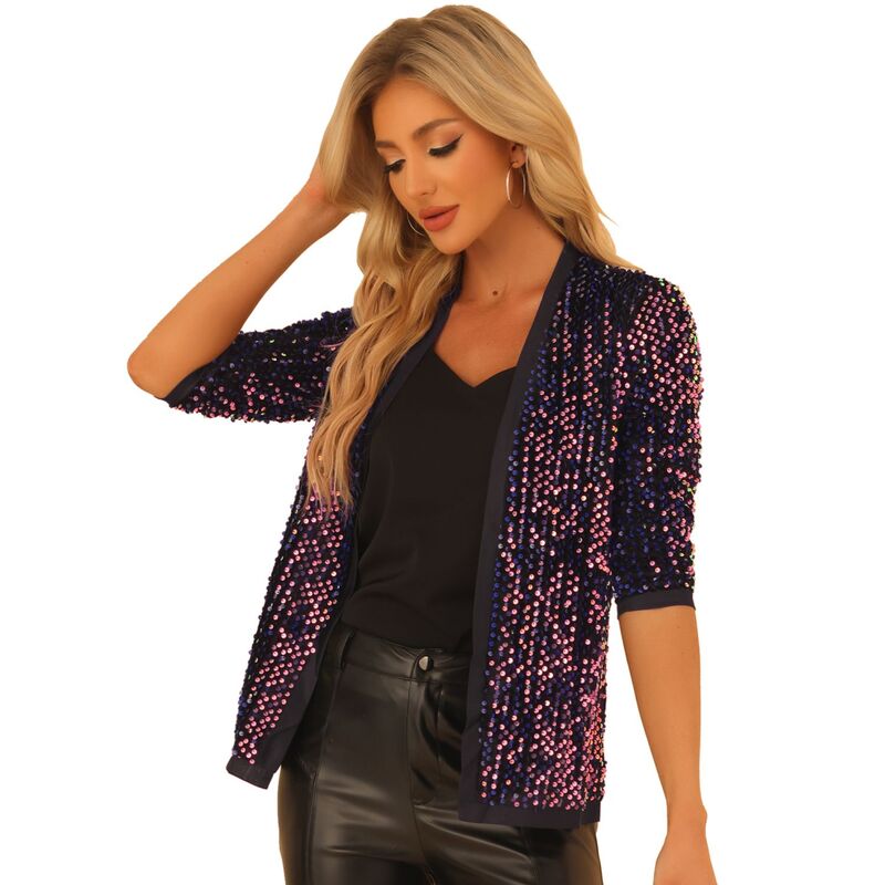 アレグラ ケー レディース アウター ジャケット・ブルゾン ベルベット スパンコール カーディガン ALLEGRA K Womenhiny Sequin Open Front Collarless 3/4 Sleevelvet Cardigan Blue Purple ブルー