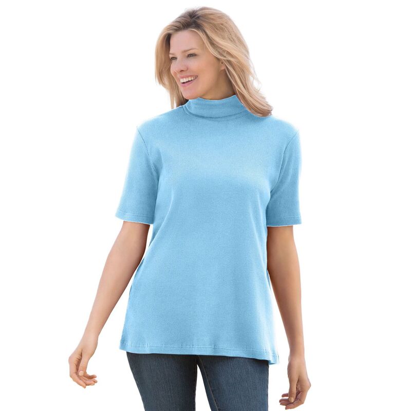 ウーマン ウィズイン レディース トップス Tシャツ タートルネック プラスサイズ リブ Woman Within Plusize Ribbed Short Sleeve Turtleneck Sky Blue ブルー｜ReVida 店