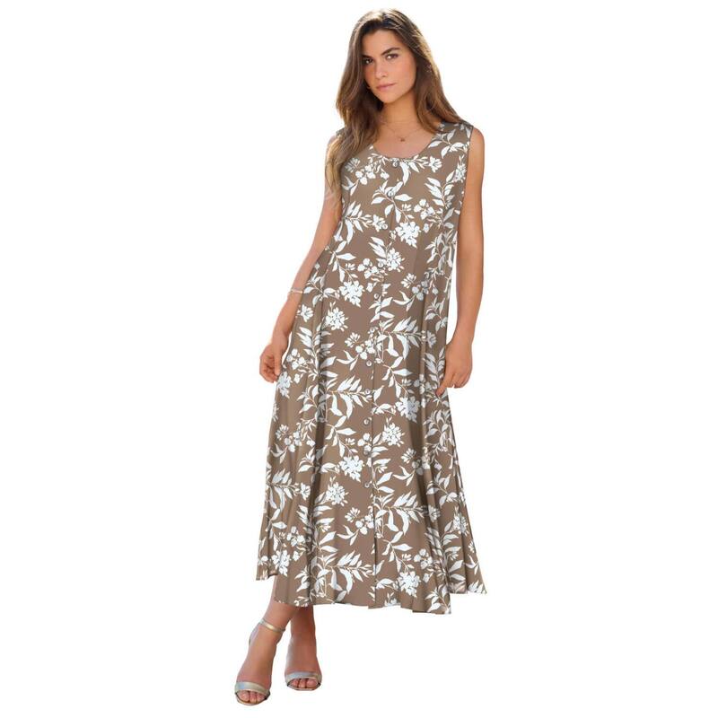 ロアマンズ レディース トップス ワンピース A ライン プラスサイズ プチ マキシ Roaman's Women's Plusize Petite Plusize Sleveless Hand-Crinkled Button-Front A-Line Maxi Curvy Brown Sugar Wild ブラウン|ReVida 店