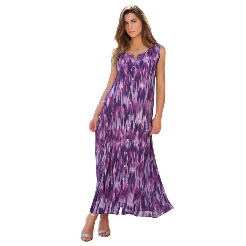 ロアマンズ レディース トップス ワンピース A ライン プラスサイズ プチ マキシ Roaman's Women's Plusize Petite Plusize Sleveless Hand-Crinkled Button-Front A-Line Maxi Curvy Purple Abstract Ikat パープル｜ReVida 店