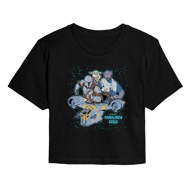 アニメキャラクター レディース トップス Tシャツ クロップド Licensed Character Juniors Star Wars The Mandalorian \u0026 Grogu Galaxy Collage Cropped Tee Black ブラック