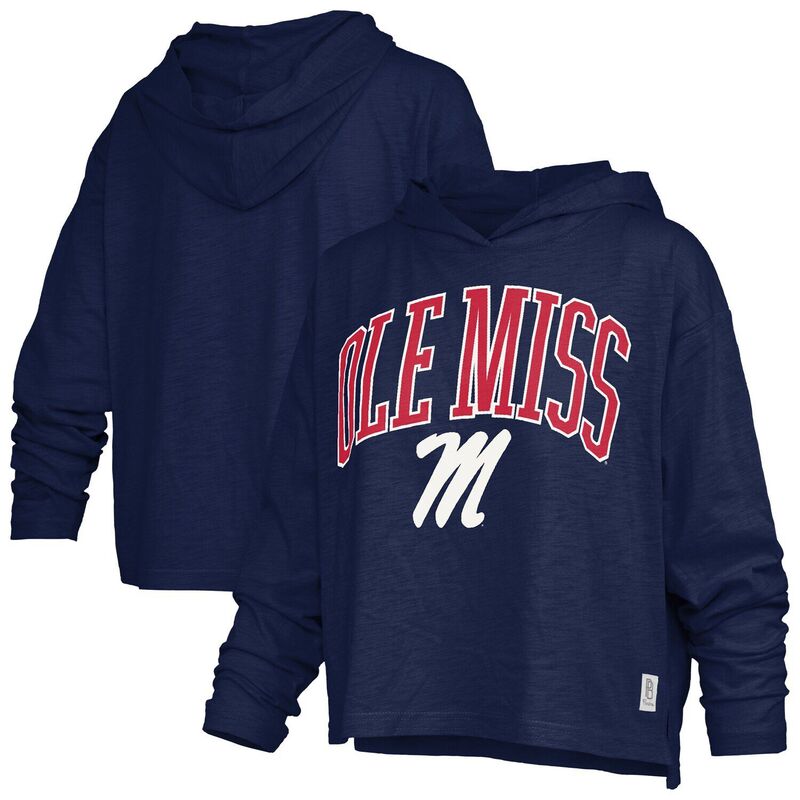 押し付けるボックス席 レディース トップス ティーシャツ ロゴタイプ Women\u0027s Pressbox Navy Ole Miss Rebels Nelson Arch Over Logo Long Sleeve Hooded T-Shirt Ole Navy 米国海軍 Tシャツ・カットソー-レディースファッション-トップス