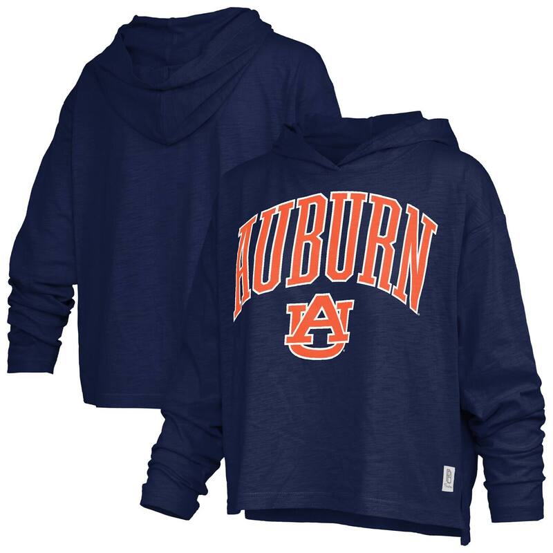 押し付けるボックス席 レディース トップス ティーシャツ ロゴタイプ Women\u0027s Pressbox Navy Auburn Tigers Nelson Arch Over Logo Long Sleeve Hooded T-Shirt Aub Navy 米国海軍 Tシャツ・カットソー-トップス