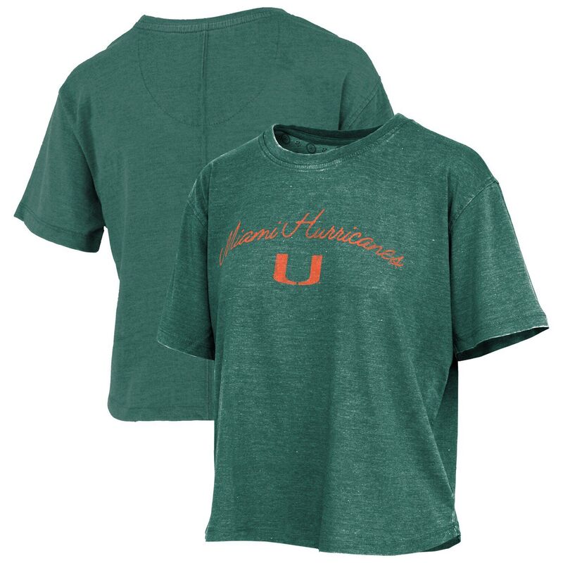 押し付けるボックス席 レディース トップス プルオーバー ヴィンテージ ロゴタイプ Women\u0027s Pressbox Green Miami Hurricanes Vintage Waist Length Script Over Logo T-Shirt Mia Green 緑であること