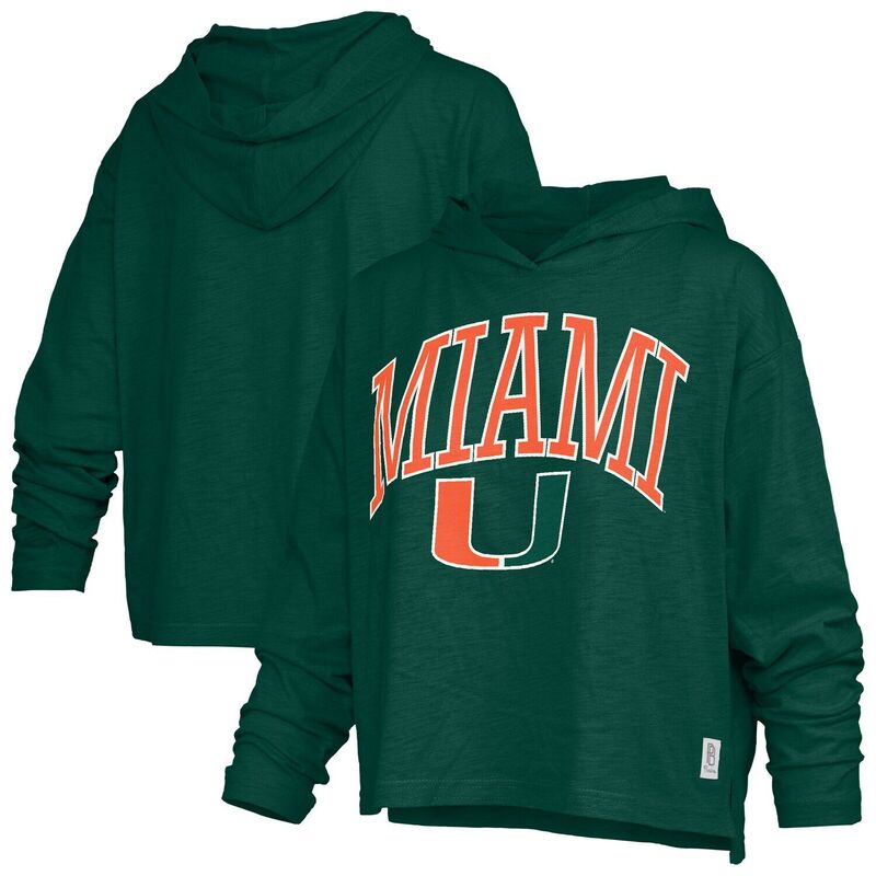 押し付けるボックス席 レディース トップス ティーシャツ ロゴタイプ Women\u0027s Pressbox Green Miami Hurricanes Nelson Arch Over Logo Long Sleeve Hooded T-Shirt Mia Green 緑であること トップス-Tシャツ・カットソー