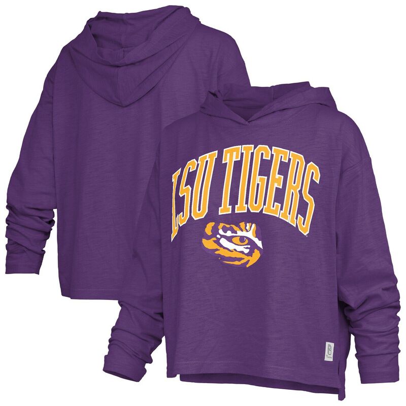 押し付けるボックス席 レディース トップス ティーシャツ ロゴタイプ Women\u0027s Pressbox Purple LSU Tigers Nelson Arch Over Logo Long Sleeve Hooded T-Shirt Lsu Purple パープル Tシャツ・カットソー-レディースファッション