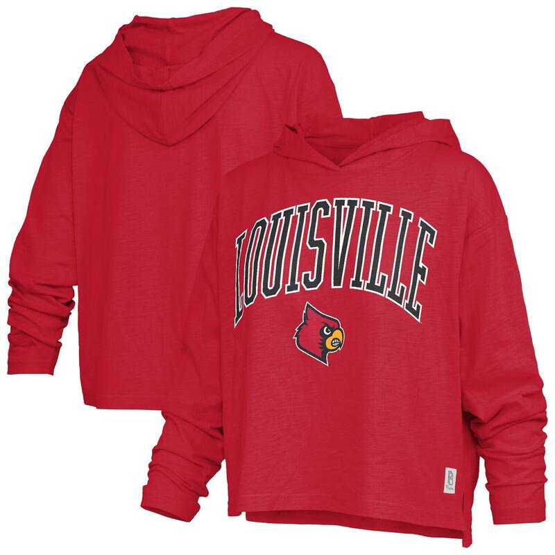 押し付けるボックス席 レディース トップス ティーシャツ ロゴタイプ Women\u0027s Pressbox Crimson Louisville Cardinals Nelson Arch Over Logo Long Sleeve Hooded T-Shirt Lou Red 赤いこと レディースファッション-Tシャツ・カットソー