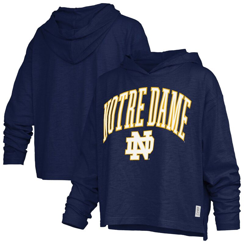 押し付けるボックス席 レディース トップス ティーシャツ ロゴタイプ Women\u0027s Pressbox Navy Notre Dame Fighting Irish Nelson Arch Over Logo Long Sleeve Hooded T-Shirt Ntd Navy 米国海軍 レディースファッション-トップス