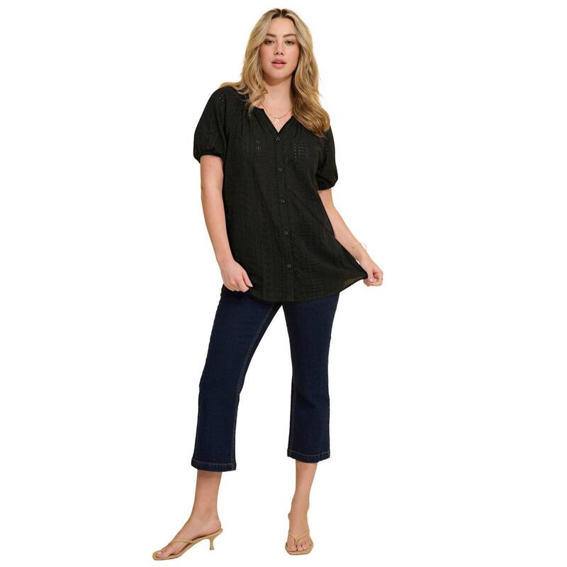ロアマンズ レディース トップス プルオーバー 足し加える大きさ Roaman\u0027s Women\u0027s Plusize Shirred Eyelet Button-Front Blouson Tunic Black 黒いこと