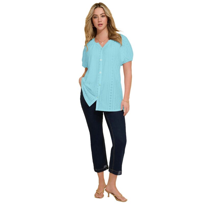 ロアマンズ レディース トップス プルオーバー 足し加える大きさ Roaman\u0027s Women\u0027s Plusize Shirred Eyelet Button-Front Blouson Tunic Light Aqua アクア