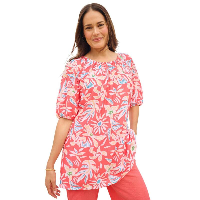 成人女性 ウィズはたご屋 レディース トップス プルオーバー つけ加える大きさ Woman Within Plusize Blouson Peasantunic Sweet Coral Tropicana コーラル