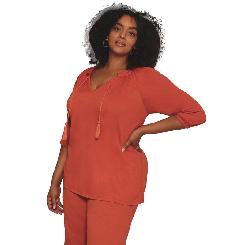 アベニュー レディース トップス Tシャツ プラスサイズ Avenue Women's Plusize Gauze Peasantunic Burnt Orange オレンジ｜ReVida 店