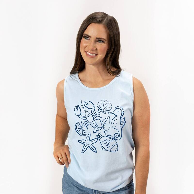 Simply Sage Market レディース トップス ティーシャツ グラフィック Simply Sage Market Nautical Animals Outlined - Women\u0027s Garment Dyed Graphic Tank Top Chambray 毛の荒物 トップス-Tシャツ・カットソー-レディースファッション