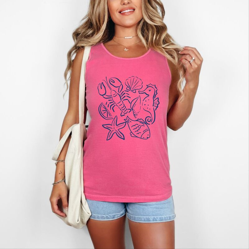 Simply Sage Market レディース トップス Tシャツ グラフィック Simply Sage Market Nautical Animals Outlined - Women's Garment Dyed Graphic Tank Top Crunchberry アニマル|ReVida 店
