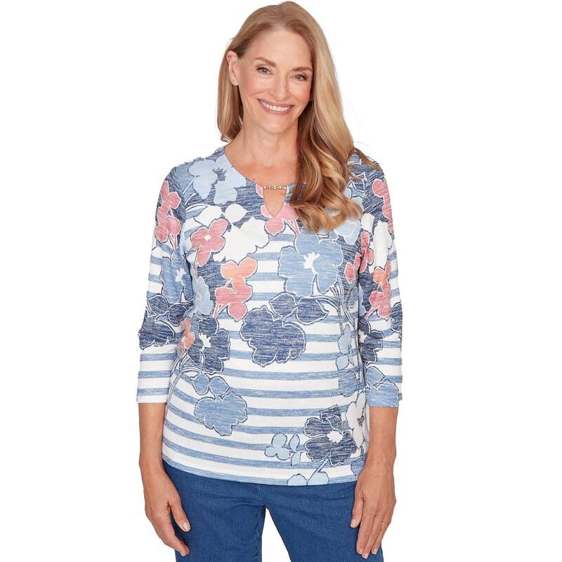 アルフレッド ダナー レディース トップス プルオーバー 御花柄 プチ 編み物 御花 Petite Alfredunner Stripe Floral Split Necknitop Blue Multi 青み