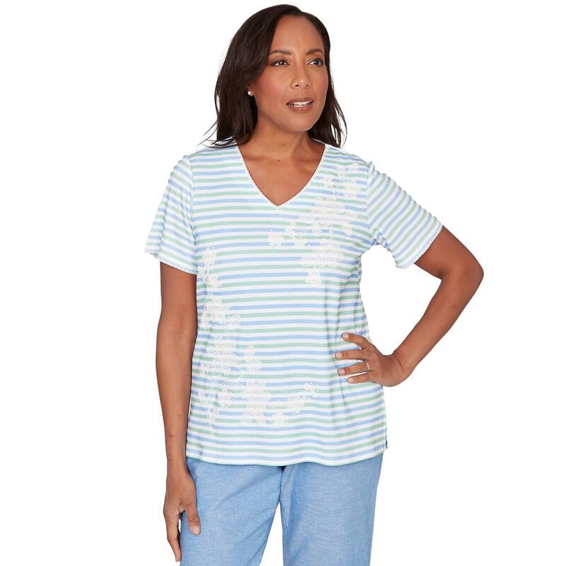 アルフレッド ダナー レディース トップス プルオーバー V素っ首 Women\u0027s Alfredunner Highlight Flower Striped V-Neck Tee Green Multi 緑であること