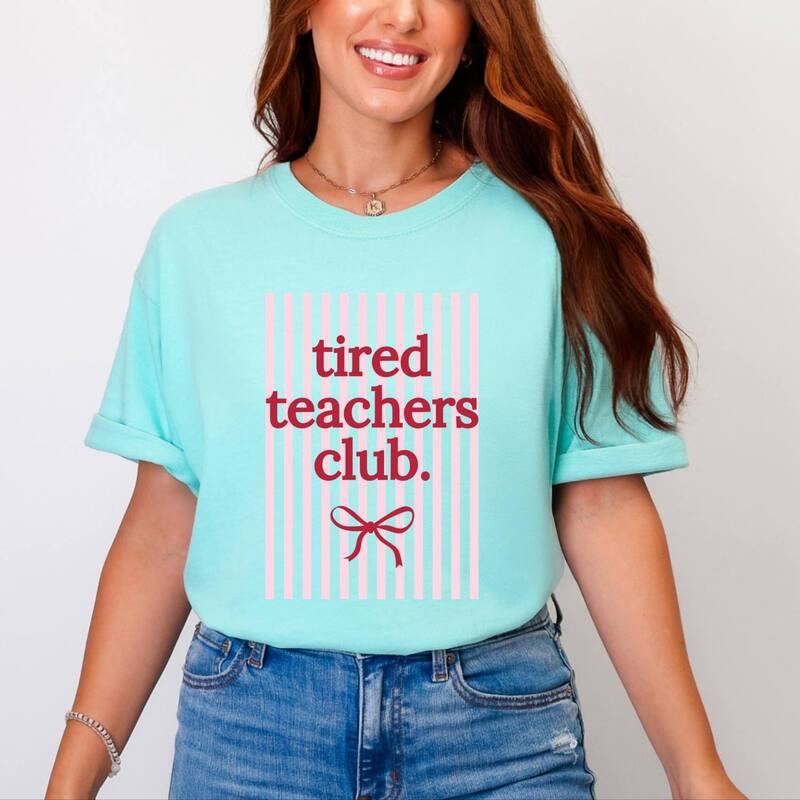 Simply Sage Market レディース トップス ティーシャツ グラフィック Simply Sage Market Pink Tired Teachers Club Stripes - Women\u0027s Garment Dyed Graphic T-Shirt Chalky Mint ペパーミント レディースファッション-Tシャツ・カットソー-トップス