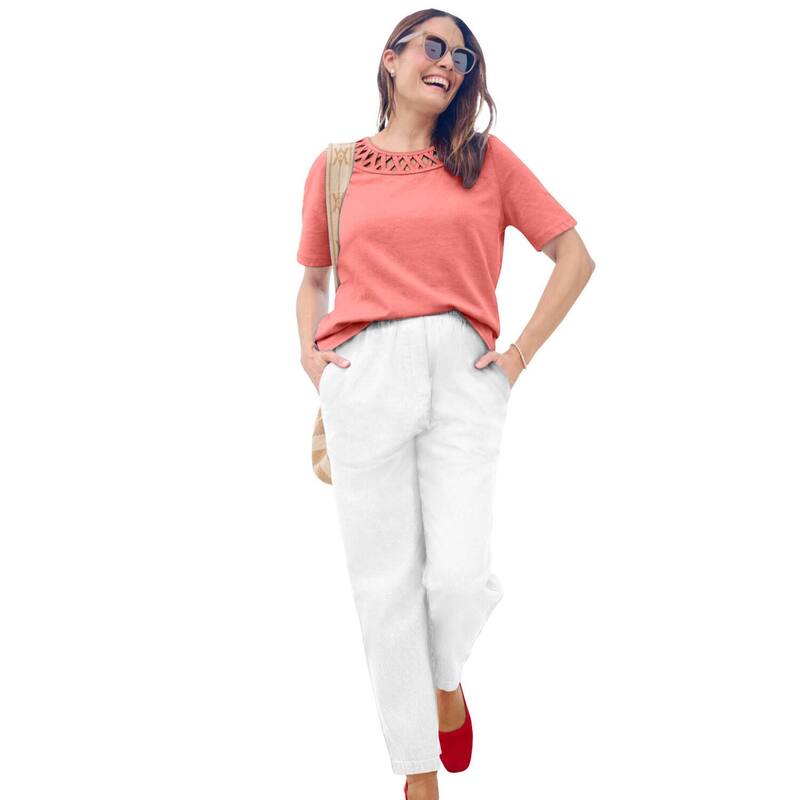 成人女性 ウィズはたご屋 レディース トップス ティーシャツ つけ加える大いさ Woman Within Plusize Lattice Neck Tee Sweet Coral コーラル レディースファッション-Tシャツ・カットソー-トップス