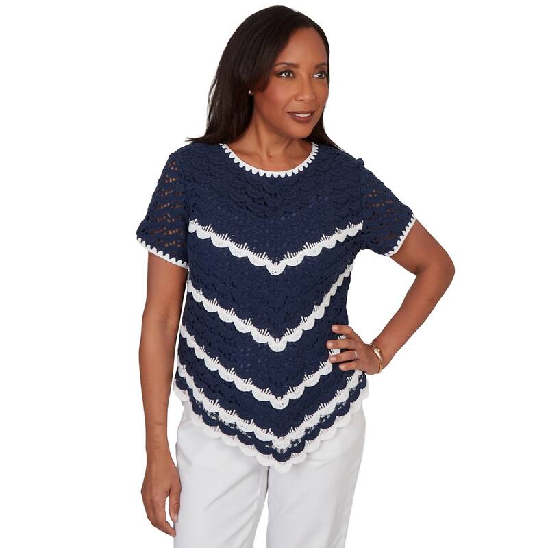 アルフレッド ダナー レディース トップス プルオーバー Women\u0027s Alfredunner Chevron Crochet Short Sleeve Tee Navy 米国海軍