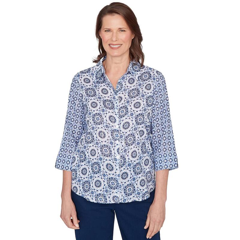 アルフレッド ダナー レディース トップス シャツ プチ Petite Alfredunner Geometric Button Front Collared Top Blue Multi ブルー|ReVida 店