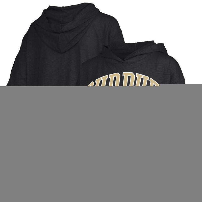押し付けるボックス席 レディース トップス ティーシャツ ロゴタイプ Women\u0027s Pressbox Black Purdue Boilermakers Nelson Arch Over Logo Long Sleeve Hooded T-Shirt Prd Black 黒いこと レディースファッション-Tシャツ・カットソー