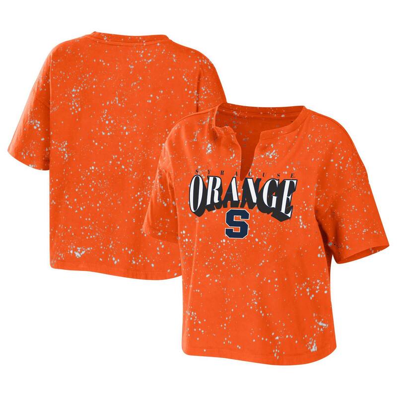 お召しもの バイ エリン アンド濫りがわしい レディース トップス プルオーバー Women\u0027s WEAR by Erin Andrews Orange Syracuse Orange Bleach Wash Splatter Notch Neck T-Shirt Syr Orange オレンジ色