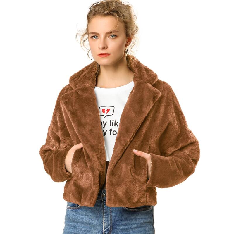 アレグラ ケー レディース アウター 上衣・上衣 厚地の外套 クロップド ALLEGRA K Women\u0027s Cropped Jacket Notch Lapel Faux Fur Fluffy Coat Caramel