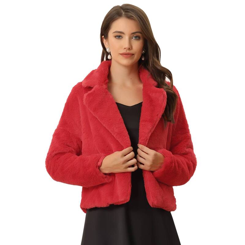 アレグラ ケー レディース アウター 上衣・上衣 厚地の外套 クロップド ALLEGRA K Women\u0027s Cropped Jacket Notch Lapel Faux Fur Fluffy Coat Red 赤いこと