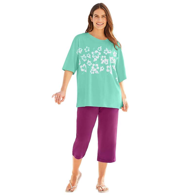 成人女性 ウィズはたご屋 レディース トップス プルオーバー 足し加える大きさ Woman Within Plusize Relaxed Tee Seafoam Floral Bloom