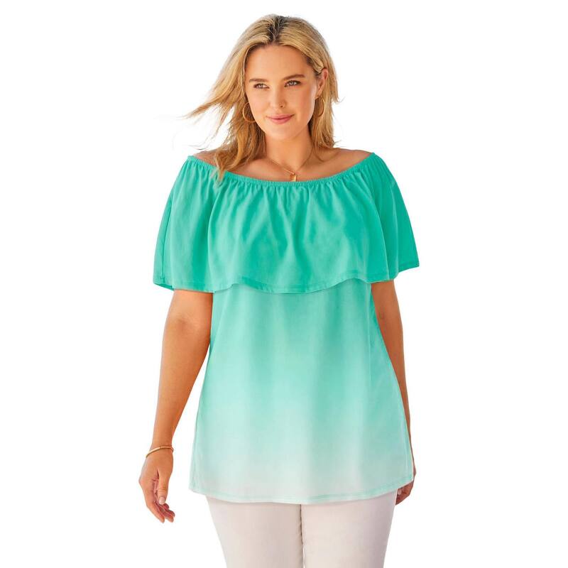 ウーマン ウィズイン レディース トップス Tシャツ プラスサイズ フリル Woman Within Plusize Ruffle Tee Pretty Jade Ombre｜ReVida 店