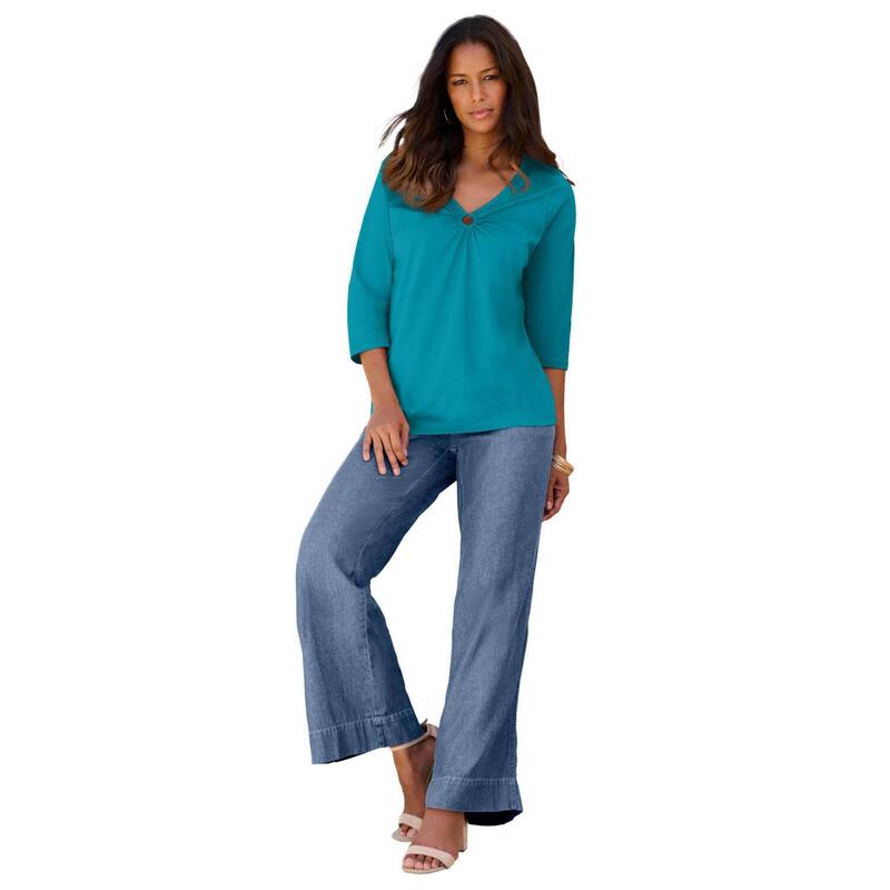 ロアマンズ レディース トップス Tシャツ Vネック プラスサイズ Roaman's Women's Plusize Ultimate Keyhole V Neck Tee Deep Turquoise ターコイズ|ReVida 店