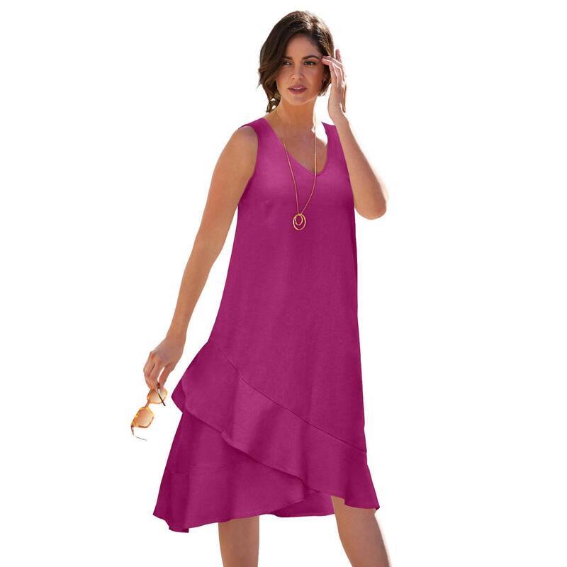 ジェシカロンドン レディース トップス ワンピース プラスサイズ リネン Jessica London Women's Plusize Linen Flounce Dress Raspberry｜ReVida 店 19,330円