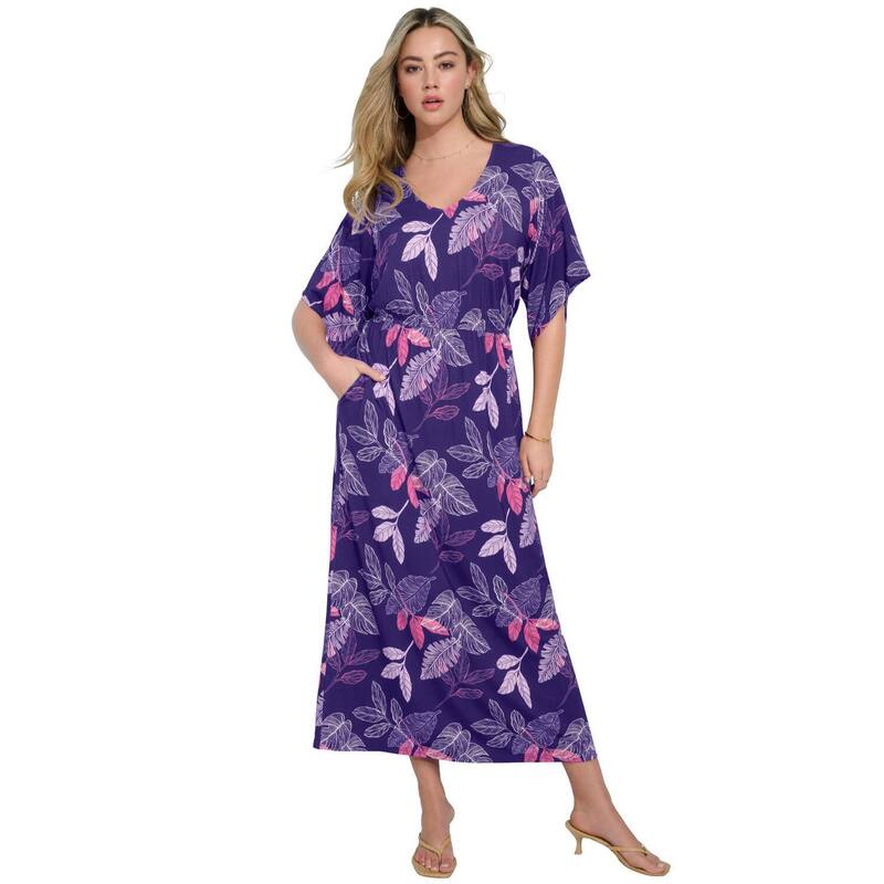 ロアマンズ レディース トップス 衣装 つけ加える大きさ 編み物 マキシ Roaman\u0027s Women\u0027s Plusize Stretch Knit Dolman Sleeve Maxi Dress Midnight Violet Palm 相撲取り草