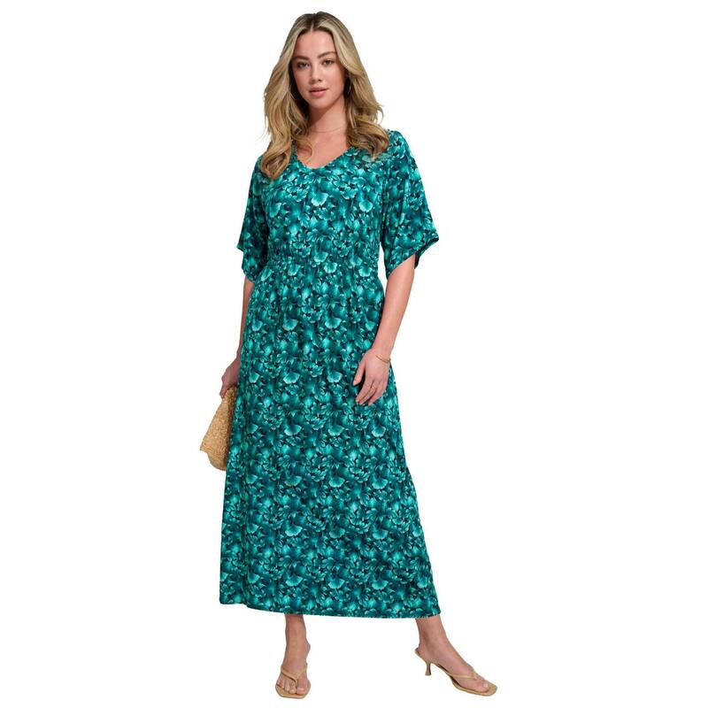 ロアマンズ レディース トップス 衣装 つけ加える大きさ 編み物 マキシ Roaman\u0027s Women\u0027s Plusize Stretch Knit Dolman Sleeve Maxi Dress Teal Ginkgo Leaves ティール