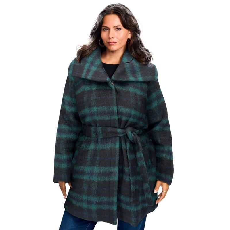 アベニュー レディース アウター 上衣・上衣 足し加える大きさ 厚地の外套 Avenue Women\u0027s Plusize Wing Collar Belted Coat Green Blue Plaid 青色